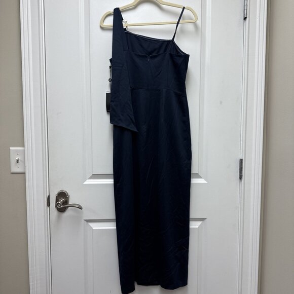New Adrianna Papell Women’s Size 4 Navy Blue Satin One-Shoulder Gown Dress Maxi - Picture 9 of 14